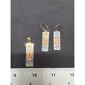 18K Gold & 950 Sterling Silver Native American Rectangular Tribal Pendant & Earr